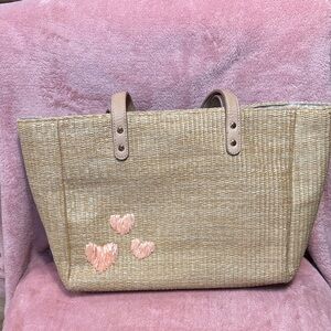 LC Lauren Conrad Straw Tote with Pink Heart Details